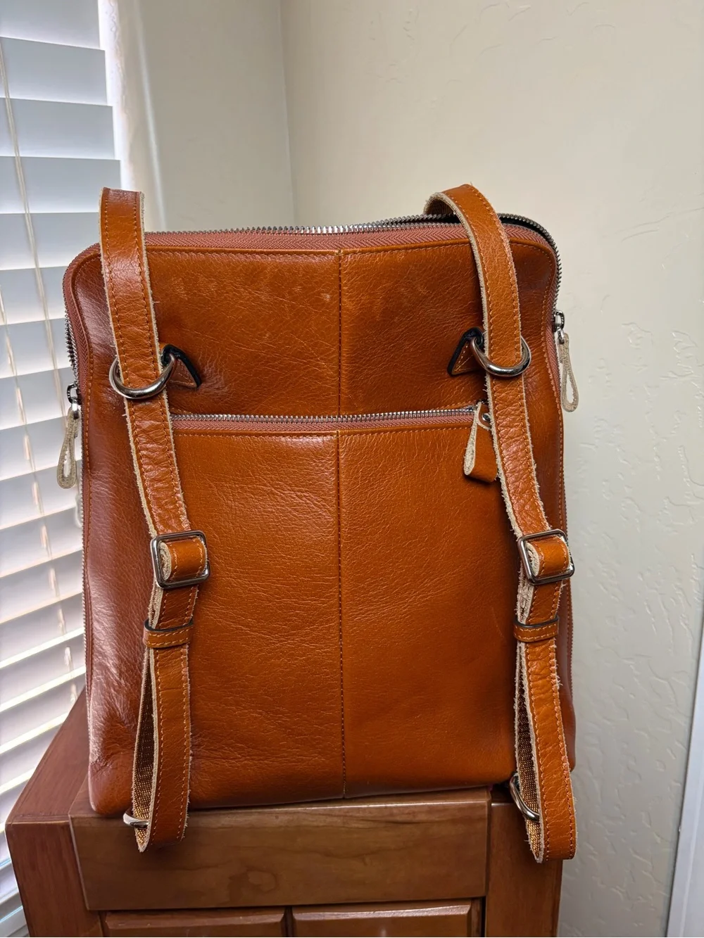 S-ZONE Genuine Leather Backpack Cognac Brown Laptop Travel Bag Unisex
